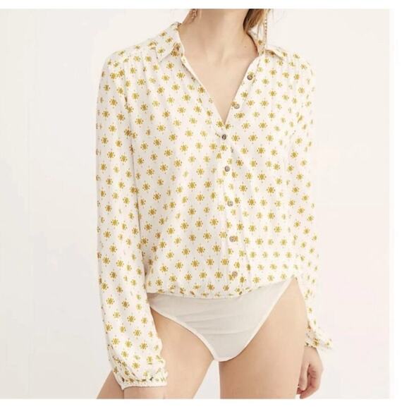 Intimately Free People Bodysuit Top Long Sleeve White/Yellow Textured Size M - Picture 1 of 10